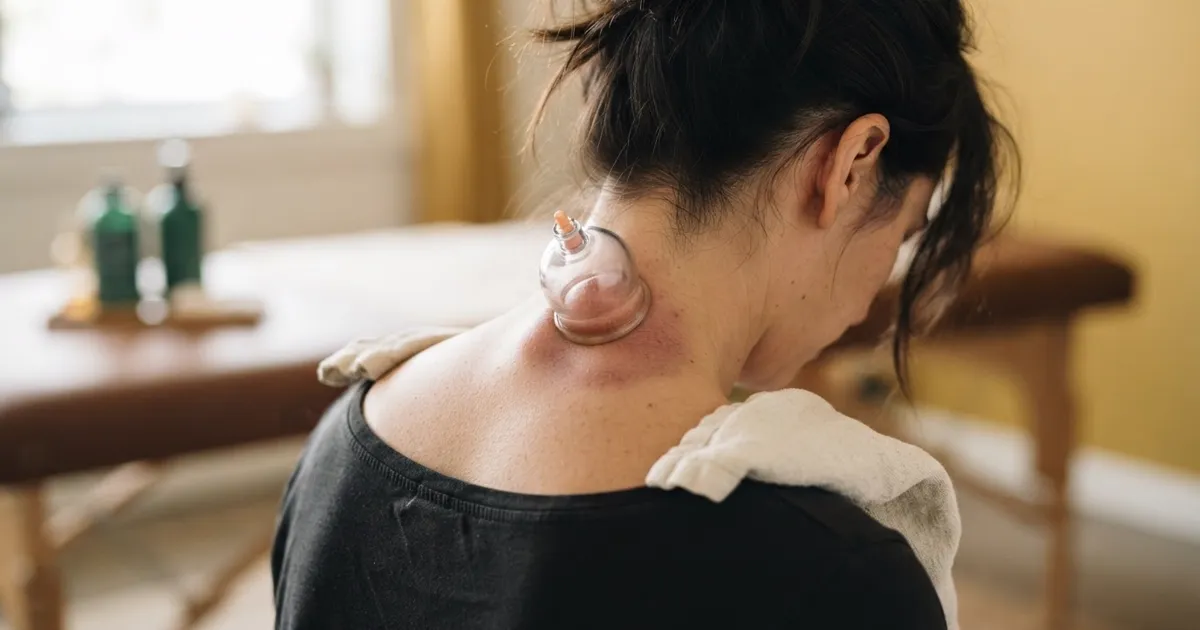 Ventouse appliquée sur la nuque et les trapèzes pour soulager une céphalée de tension