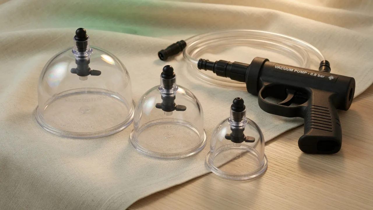 Ventouses sèches pneumatiques en polycarbonate transparent avec pompe manuelle posées sur le dos d'un patient