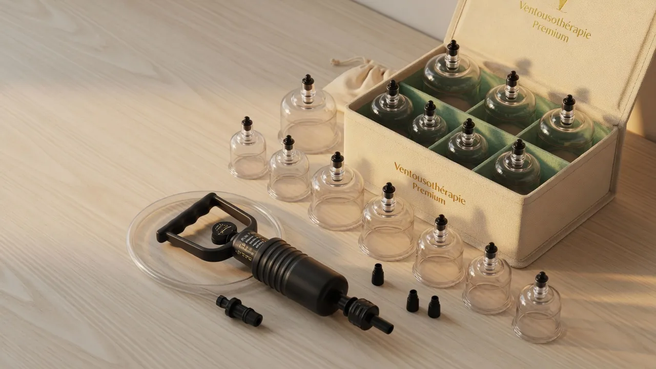 Kit complet de ventouses pneumatiques en polycarbonate avec pompe pour la pratique de la ventousothérapie multi-référentielle